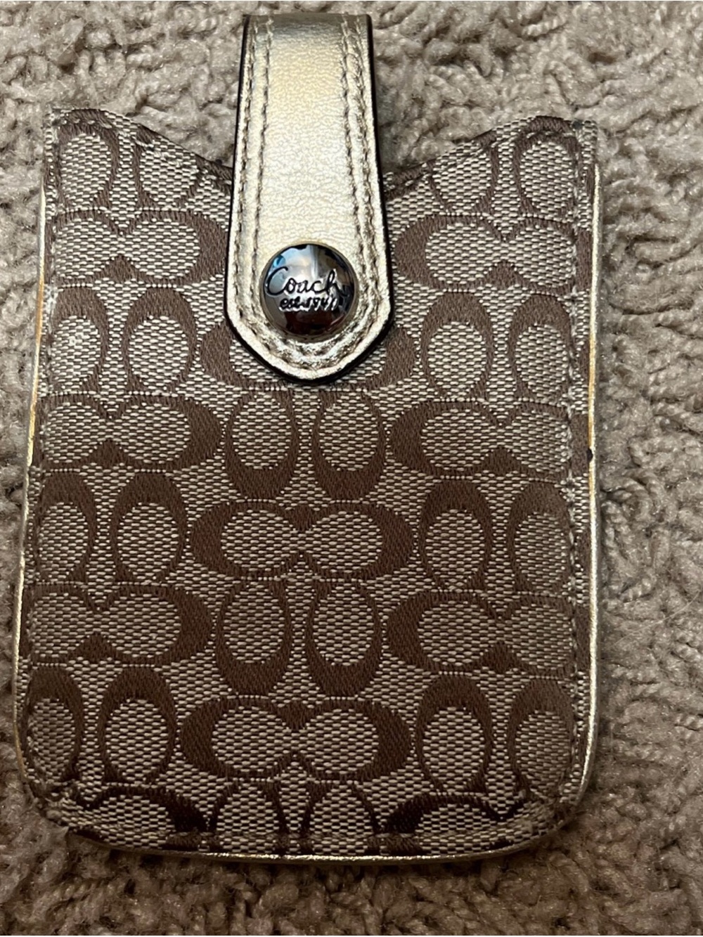 Coach Brown Signature Canvas Phone Sleeve with Metallic Gold Trim